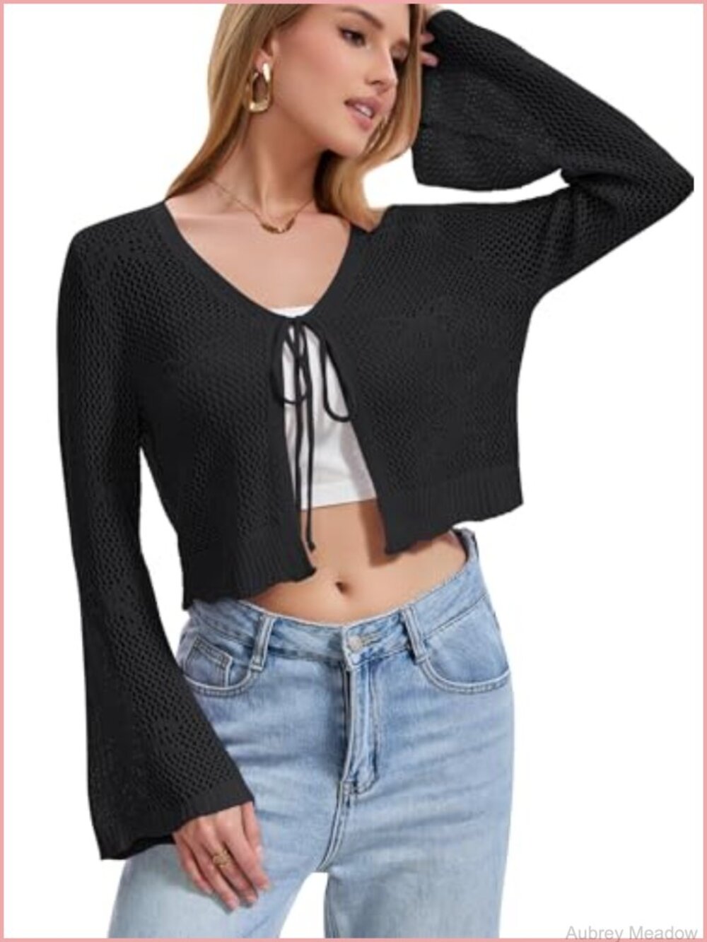Crochet Tie Front Cardigan Shrug Bell Sleeve Cropped Knit Top